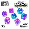 7x Dados Mix 16mm - Turquesa/Lila Transparente