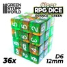 36x Dados D6 12mm - Naranja/Verde Transparente