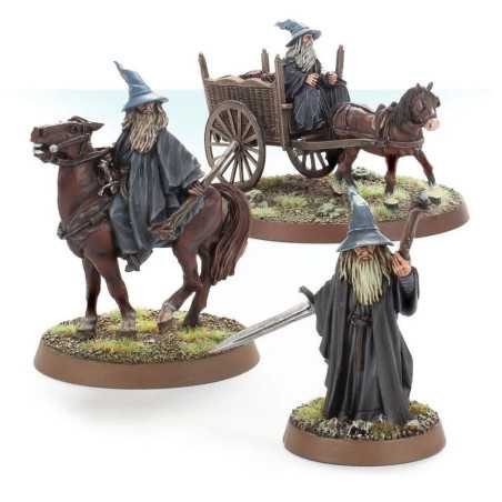 Gandalf the Grey a pie y montado en carro