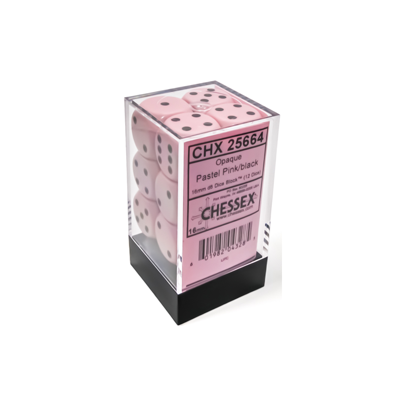 Chessex Opaque Pastel Pink/Black 16mm D6 Dice Block (12 Dice)