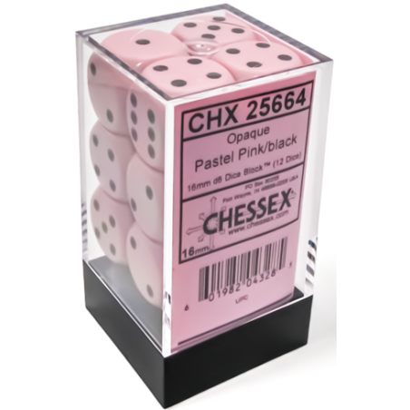 Chessex Opaque Pastel Pink/Black 16mm D6 Dice Block (12 Dice)