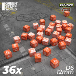 36x Dados D6 12mm - Naranja Blanco Marmol