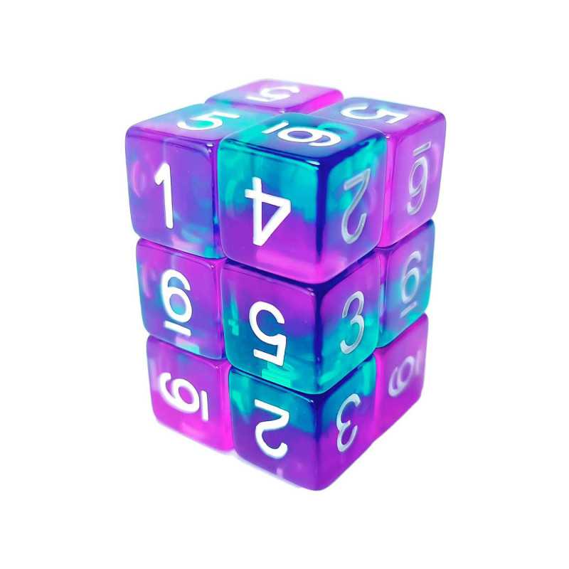 12x Dados D6 16mm - Turquesa/Lila Transparente