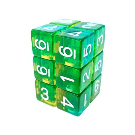 12x Dados D6 16mm - Verde/Amarillo Transparente