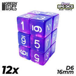 12x Dados D6 16mm - Azul/Lila Transparente