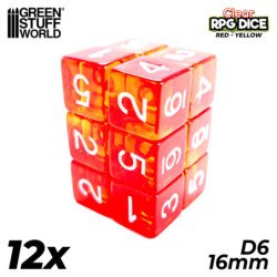 12x Dados D6 16mm - Rojo/Amarillo Transparente