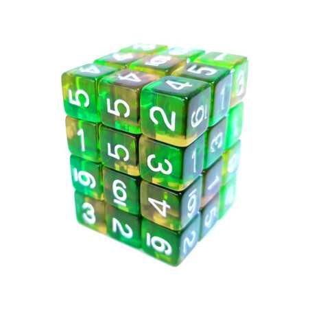 36x Dados D6 12mm - Naranja/Verde Transparente