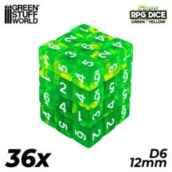 36x Dados D6 12mm - Verde/Amarillo Transparente