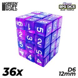 36x Dados D6 12mm - Azul/Lila Transparente